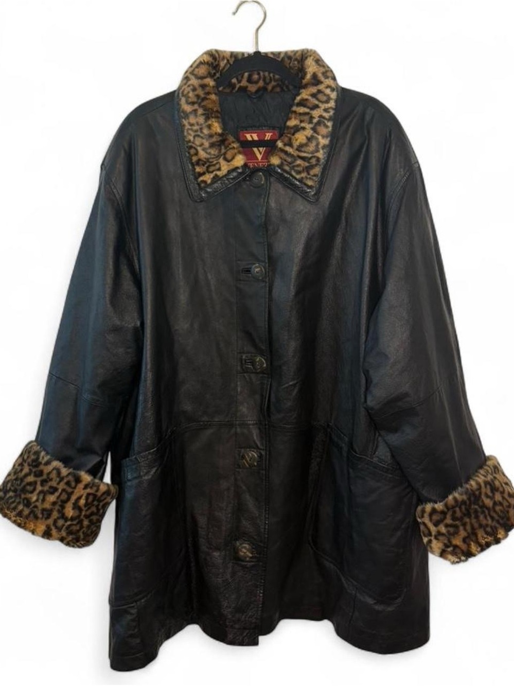 Venezia Black Leather Jacket with Leopard-Print Faux Fur Collar & Cuffs
